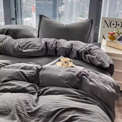 Washed Cotton Bedding Set,Bed Sheet Set, Linen Feel, Super Soft, Comfortable, 4-Piece Duvet Cover Set, Durable and Easy Care