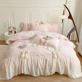 Chiffon Lace Bedding Set Pink France Romantic Princess Wedding Ruffles Bow Soft Duvet Cover Bed Sheet Pillowcases Home Textile