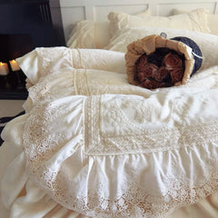Vintage French Style Lace Ruffles Carved Velvet Wedding Bedding Set Duvet Cover Set Bed Sheet Fitted Sheet Bed Skirt Pillowcases
