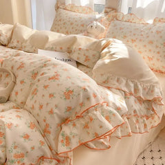 French Country Bedding Set - Ruffled Duvet Cover + Pillowcases (Queen Size, Soft Girls' Quilt-Style Decor)