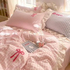 2025 Princess Bedding Set Lace Bow Pink Plaid 4pcs Bedding for Spring Quilt Cover Sheet And Pillowcase Soft Romantic For Girls