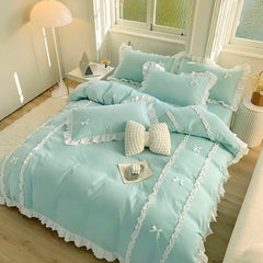 Princess Style Duvet Cover Set with Flat Sheet Pillowcases Korean Green Pink Girls Gift Spring Single Queen Size Bedding Kit