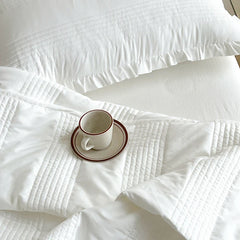 INS Style White Pink Quilted Ruffles Quilt Blanket Bedspread Washed Solid Color Korean Princess Style Summer Thin Quilt 1/3Pc