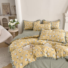 Korean Princess Style Ruffles Bedding Set Duvet Cover Set Flower Printing Quilt Cover Bed Sheet Or Fitted Sheet With Pillowcases