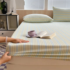 1PCS Nordic Stripe Fitted Sheet Non Slip Bedspread 100% Cotton With Elastic Band Mattress Cover (no Pillowcase)