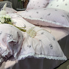 2025 Princess Bedding Set Lace Bow Simple Fresh Duvet Cover Flat Fitted Sheet Pillowcases Home Textile For Women Girl Queen Size
