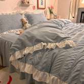 Ruffled Seersucker Duvet Cover Set 3/4pcs Soft Lightweight Down Alternative Grey Bedding Set with Bed Skirt and Pillowcases