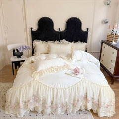 Princess Wedding Bedding Set Korean Style Lace Flowers Embroidery Duvet Cover Bed Sheet/Fitted Sheet/Bed Skirt Pillowcases 4Pcs