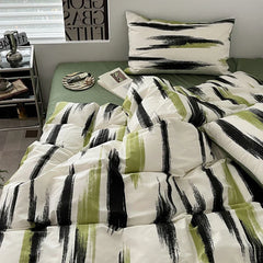 Ins Stripe Bedding Set Green Black Duvet Cover with Pillowcase Simple Quilt Cover Adults Single Double Full Size