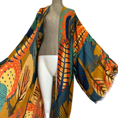 Vibrant Leaf Print Kimono Cardigan - WINI