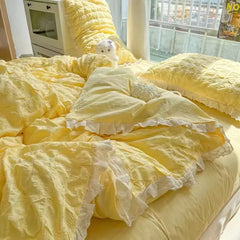 Korean Seersucker Ruffle Bedding Set For Women Princess Style Bedroom Bed Sheet Set Queen Washed Cotton Solid Color Bed Linen
