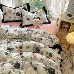 New French Lace Wash Quilt Cover Korean-style Romantic Herben-style Black Print Four-piece Set Skin Friendly Bedding Set