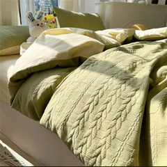 Knitted Washed Cotton Bed Four Piece Set with Ins Style Simple and High-end Feeling, Bed Sheet Duvet Set Three Piece Set