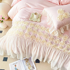 3Pcs Pink Skin-friendly Soft Three-dimensional Flowers Embroidery Lace Ruffles Princess Bedding Set Duvet Cover With Pillowcases