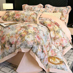 4pcs Floral Print Egyptian 100% Cotton Bedding Set Queen King Comforter Duvet Cover Flat/Fitted Bed Sheet Pillowcases 48x74cm