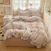 2025 new cream lace girl powder grid Korean version bed four-piece set washed cotton double-layer yarn quilt cover dormitory