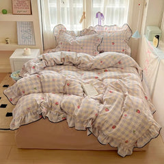 2025 new cream lace girl powder grid Korean version bed four-piece set washed cotton double-layer yarn quilt cover dormitory