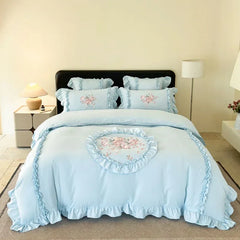 4Pcs Rose Flowers Embroidery Bedding Set Double King Queen Size Pink Girls Bedroom Duvet Cover Flat/Fitted Bed Sheet