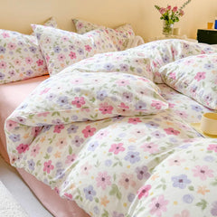 Colorful Floral Style Bedding Sets Romantic Flowers Duvet Cover Single Queen Size Washed Cotton Bedclothes Girls Home Textiles
