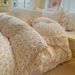 Korean Princess Style Floral Ruffles Bedding Set Washed Cotton Skin-friendly Soft Duvet Covers Set Bed Sheet Pillowcases 3/4Pcs