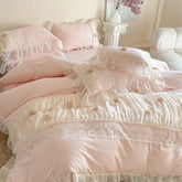 Princess Style Lace Ruffles Wedding Bedding Set Korean Soft Rose Flowers Four-Piece Set Duvet Cover Bed Sheet Pillowcase 4Pcs