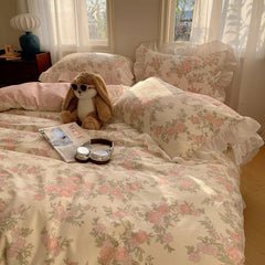 Cute Flower Korean Duvet Cover Bedding Set Pink Cotton Kawaii Double Bed Fitted Bed Sheets Quilt Cover Set Queen Twin Full Size