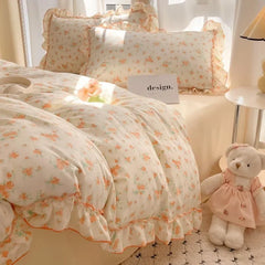 French Country Bedding Set - Ruffled Duvet Cover + Pillowcases (Queen Size, Soft Girls' Quilt-Style Decor)