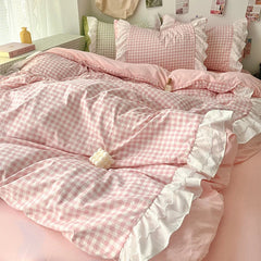 Korean Princess Style Lattice Double Layer Lace Bedding Set Soft Quilt Cover Plaid Style Duvet Covers Set Bed Sheet Pillowcases