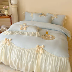 French Princess Style Bedding Sets Ruffle Lace Bow Quilt Cover Romantic Wedding Bedclothes Decor Woman Girls Bedroom Duvet Cover