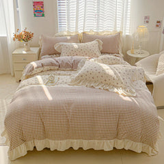 3pcs Korean lace Duvet Cover Set (1*Duvet Cover + 2*Pillowcase, Without Core), Pink checkered print Bedding Set