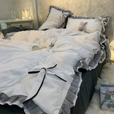 Nordic Grey White Quilt Cover Korean Prinsess Bow Girl Bedding Sets Simple Solid Color Bedclothes Decor Bedroom