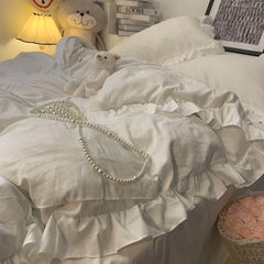 Blue Four-piece Set Celebrity Princess Style Ruffled Quilt Cover Bed Skirt Style Solid Color Three-piece Bedding Set