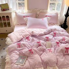 2025 Princess Bedding Set Lace Bow Pink Plaid 4pcs Bedding for Spring Quilt Cover Sheet And Pillowcase Soft Romantic For Girls