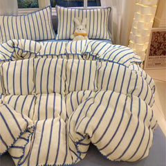 Stripe Milk Velvet Bedding Set Queen Thickened Duvet Cover Set Bedroom Decor Winter 4 Piece Set Quilt Cover Pillowcase Bed Sheet