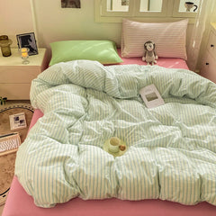 Striped Bedding Set Ins Korean Duvet Cover Set Flat Sheets Set With 2 Pillowcases Single Twin Full Queen Size Bed Linen Set