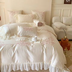 4Pcs Queen Size Flowers Embroidery Bedding Set Duvet Cover Bed Sheet Pillowcases