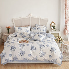 Floral Blossom Print Duvet Cover Blue White Botanical 100%Cotton Comfy 4Pcs Double Queen King Bedding Set Bed sheet Pillowcases