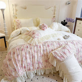 Flowers Lace Ruffles Princess Wedding Bedding Set Full Queen King Duvet Cover Bed Skirt/Bed Sheet/Fitted Sheet Pillowcases 4Pcs
