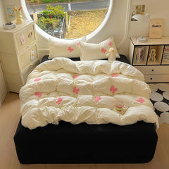 4pcs Duvet cover set (1*Duvet Cover + 2*Pillowcase, sheet), Butterfly knot yarn embroidery Bedding Set, Soft Comfortable