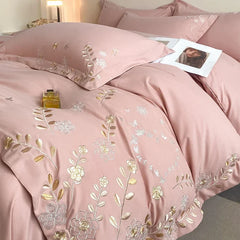 4pcs/set Light Luxury 120s Pure Cotton Floral Embroidered Quilt Cover Pillowcases Fitted Sheet Skin-friendly Naked Bedding Set