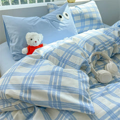 Cute Big Eyed Four Piece Set Plaid Duvet Cover Set With Sheet Bedroom Decor Skin Friendly Single Double Bedding Set Home Textile