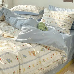 Korean Style Fashion Bedding Set Kids Adults Twin Full Queen Size Blue Bed Flat Sheet Duvet Cover Pillowcases Floral Bed Linen