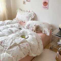 Ins Korean Style Duvet Cover Set with Flat Sheet Pillowcase No filler Washed Cotton Queen Full Twin Cute Floral Home Bed Linen