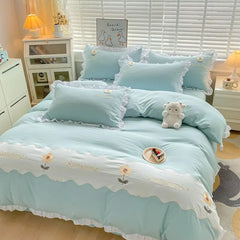 Kawaii Princess Bedding Set with White Ruffles Korean Style Girls Single Full Duvet Cover No Filling Flat Sheet Pillowcases Kit