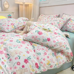 INS Girls Cherry Bedding Set Soft Washed Cotton Bed Sheet Queen King Size Simple Quilt Cover Pillowcase Bed Linens