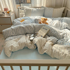 Striped Princess Bedding Set INS Nordic Girls Soft Washed Cotton Bed Flat Sheet Twin Queen Size Duvet Set Pillowcase Bed Linens