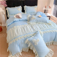 4Pcs Korean Princess Style Flowers Lace Ruffles Bedding Set Queen King Duvet Cover Bed Skirt/Bed Sheet/Fitted Sheet Pillowcase