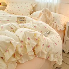 2025 Princess Style Bedding Sets Ruffle Lace Bow Quilt Cover Romantic Bedclothes Decor Woman Girls Bedroom Duvet Cover 4pcs