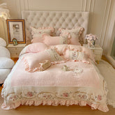 Romantic French Vintage Carved Velvet Lace Ruffles Flowers Embroidery Bedding Set Velvet Fleece Duvet Cover Bed Sheet Pillowcase