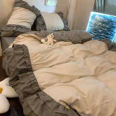 Princess Style Bedding Set No Filling Korean Romantic Ruffles Blue Purple Single Double Queen Size Duvet Cover Sheet Pillowcase